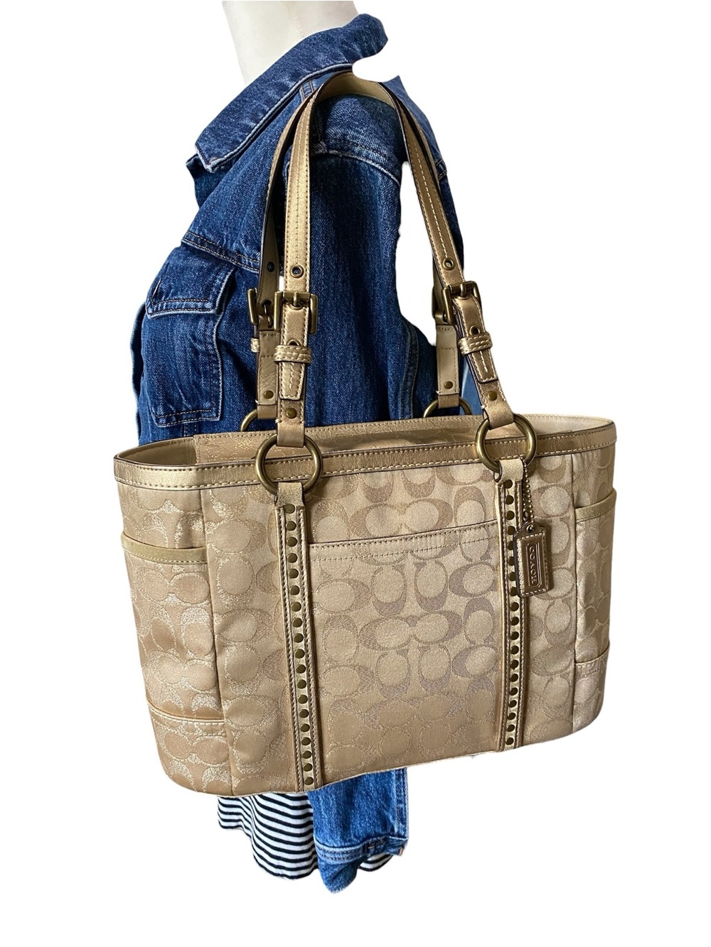 Coach Studded Signature Jacquard Gold Metallic Signature Tote with Suede Trim - Picture 4 of 17